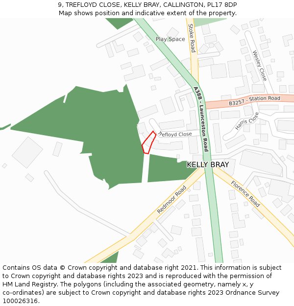 9, TREFLOYD CLOSE, KELLY BRAY, CALLINGTON, PL17 8DP: Location map and indicative extent of plot