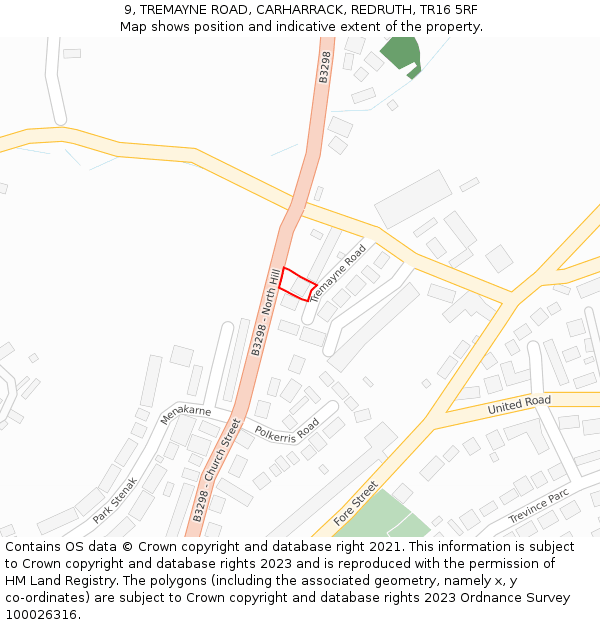 9, TREMAYNE ROAD, CARHARRACK, REDRUTH, TR16 5RF: Location map and indicative extent of plot