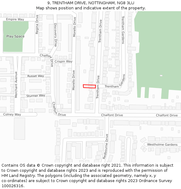 9, TRENTHAM DRIVE, NOTTINGHAM, NG8 3LU: Location map and indicative extent of plot