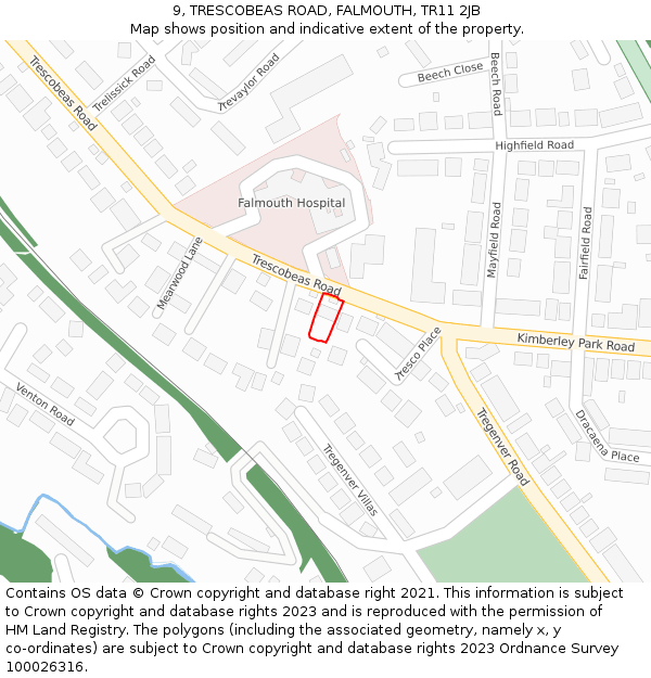 9, TRESCOBEAS ROAD, FALMOUTH, TR11 2JB: Location map and indicative extent of plot