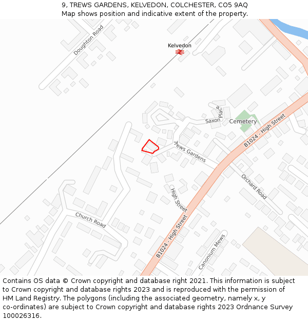 9, TREWS GARDENS, KELVEDON, COLCHESTER, CO5 9AQ: Location map and indicative extent of plot