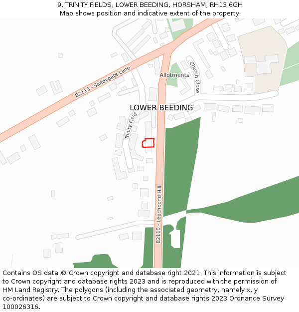 9, TRINITY FIELDS, LOWER BEEDING, HORSHAM, RH13 6GH: Location map and indicative extent of plot