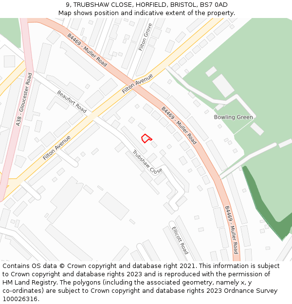 9, TRUBSHAW CLOSE, HORFIELD, BRISTOL, BS7 0AD: Location map and indicative extent of plot