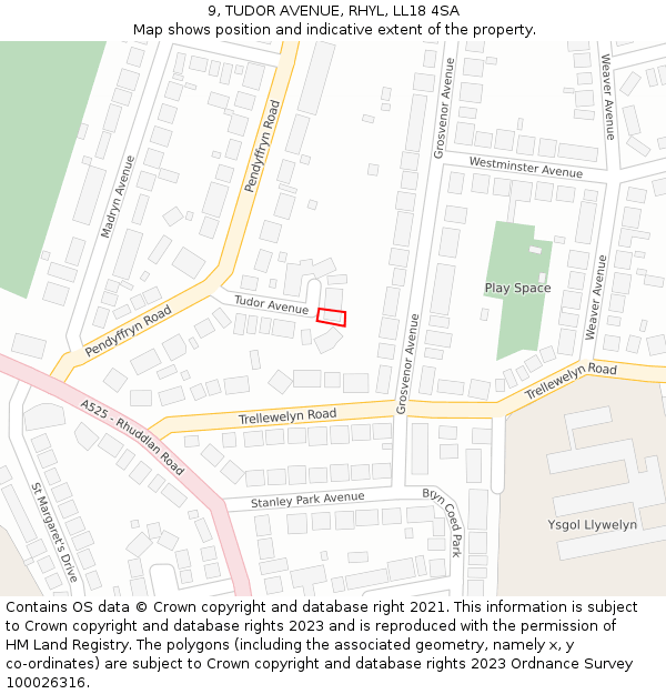 9, TUDOR AVENUE, RHYL, LL18 4SA: Location map and indicative extent of plot