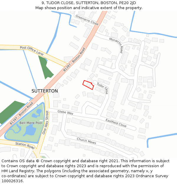 9, TUDOR CLOSE, SUTTERTON, BOSTON, PE20 2JD: Location map and indicative extent of plot