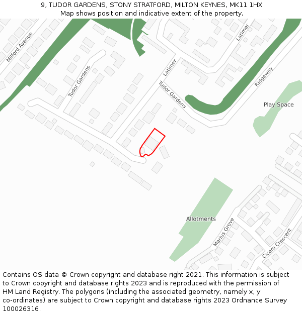 9, TUDOR GARDENS, STONY STRATFORD, MILTON KEYNES, MK11 1HX: Location map and indicative extent of plot