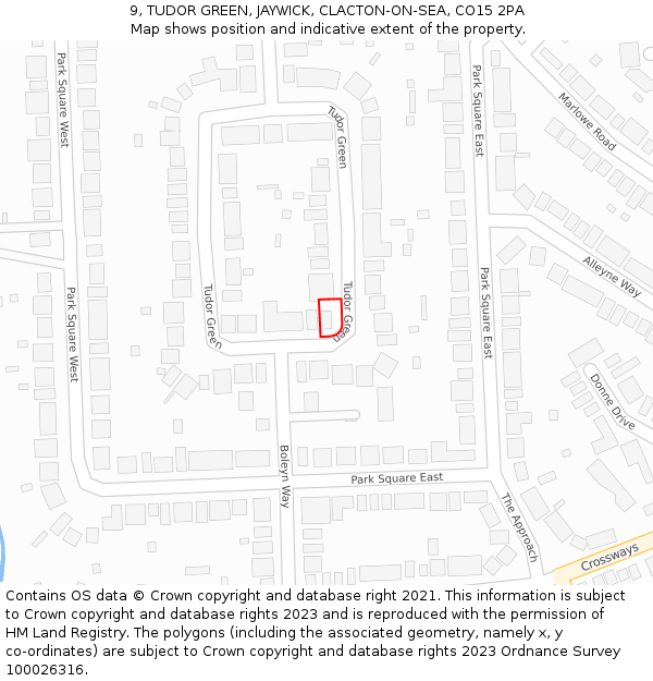 9, TUDOR GREEN, JAYWICK, CLACTON-ON-SEA, CO15 2PA: Location map and indicative extent of plot