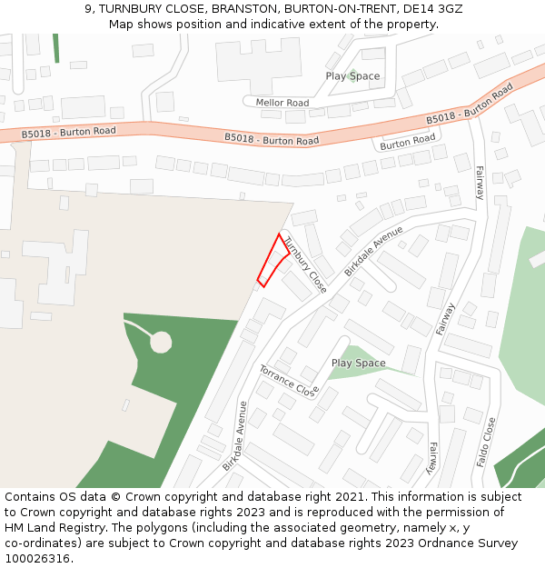 9, TURNBURY CLOSE, BRANSTON, BURTON-ON-TRENT, DE14 3GZ: Location map and indicative extent of plot