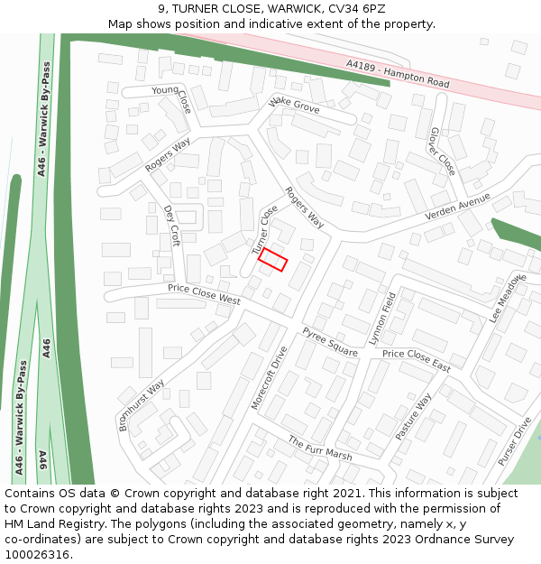 9, TURNER CLOSE, WARWICK, CV34 6PZ: Location map and indicative extent of plot