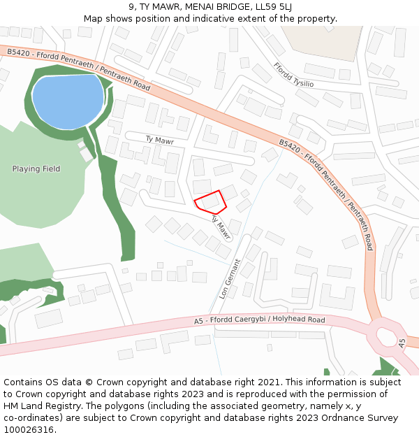 9, TY MAWR, MENAI BRIDGE, LL59 5LJ: Location map and indicative extent of plot