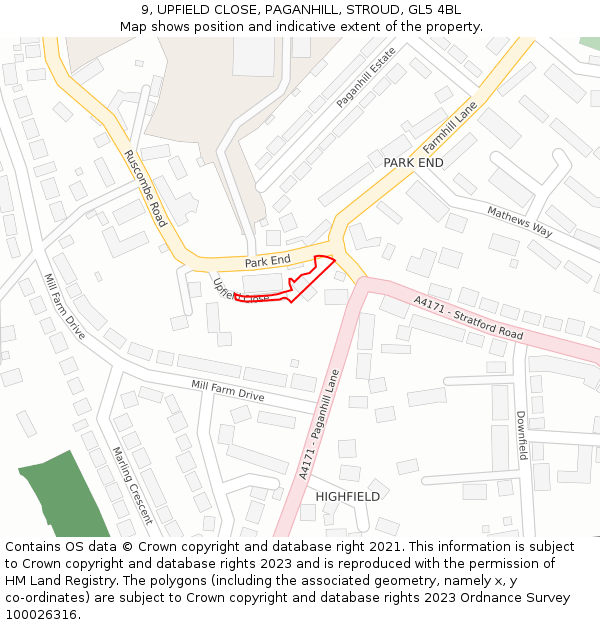 9, UPFIELD CLOSE, PAGANHILL, STROUD, GL5 4BL: Location map and indicative extent of plot