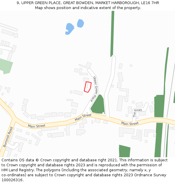 9, UPPER GREEN PLACE, GREAT BOWDEN, MARKET HARBOROUGH, LE16 7HR: Location map and indicative extent of plot