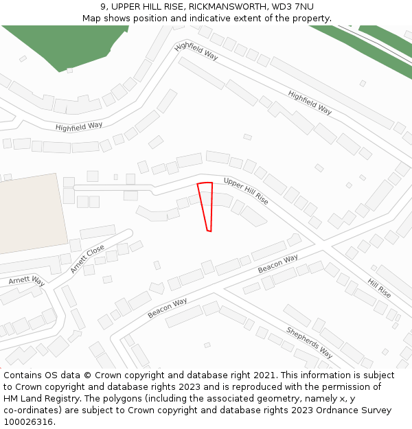 9, UPPER HILL RISE, RICKMANSWORTH, WD3 7NU: Location map and indicative extent of plot