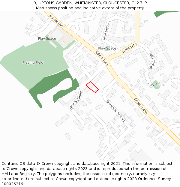 9, UPTONS GARDEN, WHITMINSTER, GLOUCESTER, GL2 7LP: Location map and indicative extent of plot