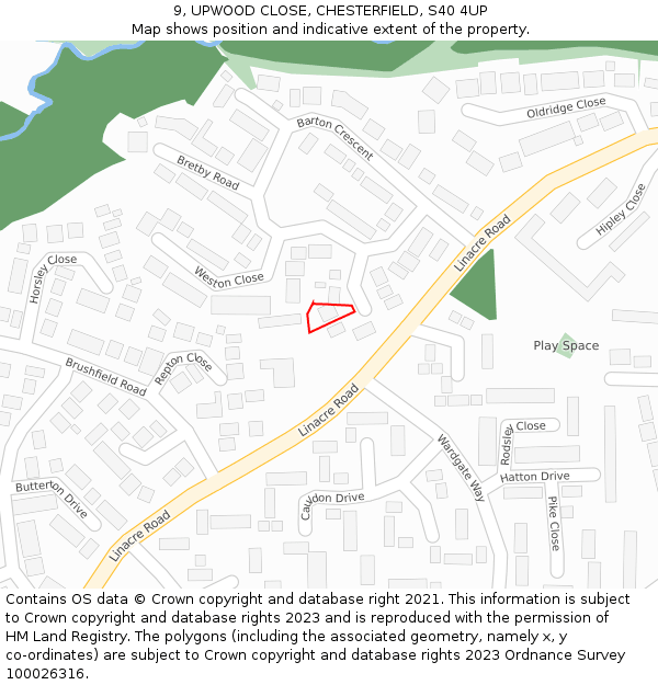 9, UPWOOD CLOSE, CHESTERFIELD, S40 4UP: Location map and indicative extent of plot