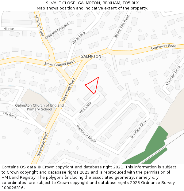 9, VALE CLOSE, GALMPTON, BRIXHAM, TQ5 0LX: Location map and indicative extent of plot
