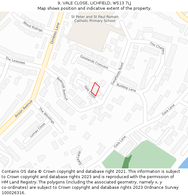 9, VALE CLOSE, LICHFIELD, WS13 7LJ: Location map and indicative extent of plot