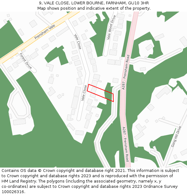 9, VALE CLOSE, LOWER BOURNE, FARNHAM, GU10 3HR: Location map and indicative extent of plot