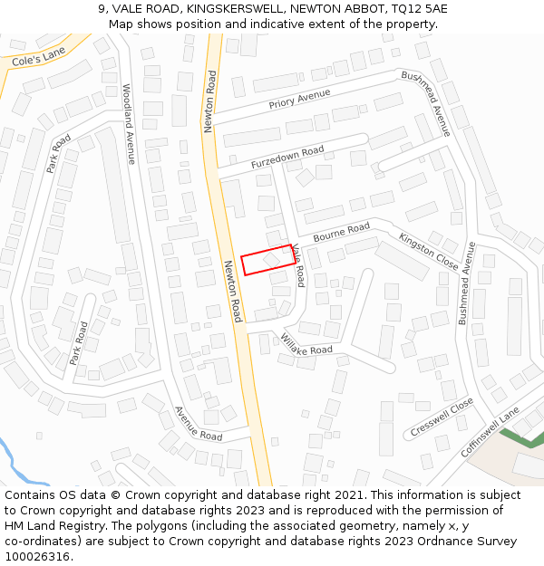 9, VALE ROAD, KINGSKERSWELL, NEWTON ABBOT, TQ12 5AE: Location map and indicative extent of plot