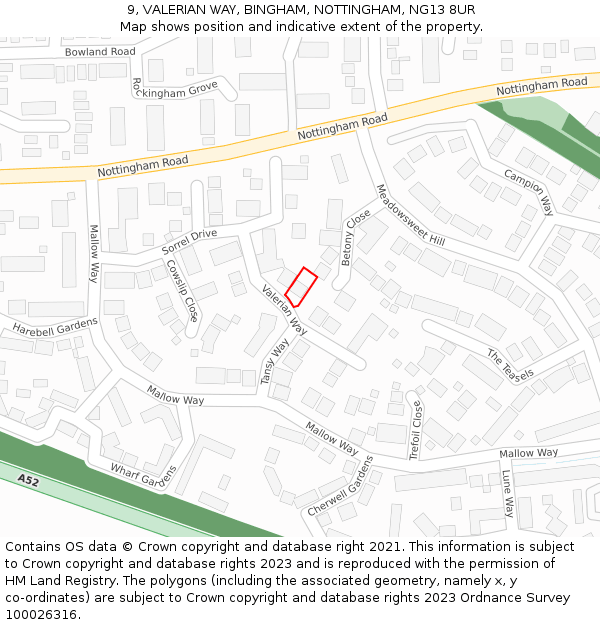 9, VALERIAN WAY, BINGHAM, NOTTINGHAM, NG13 8UR: Location map and indicative extent of plot