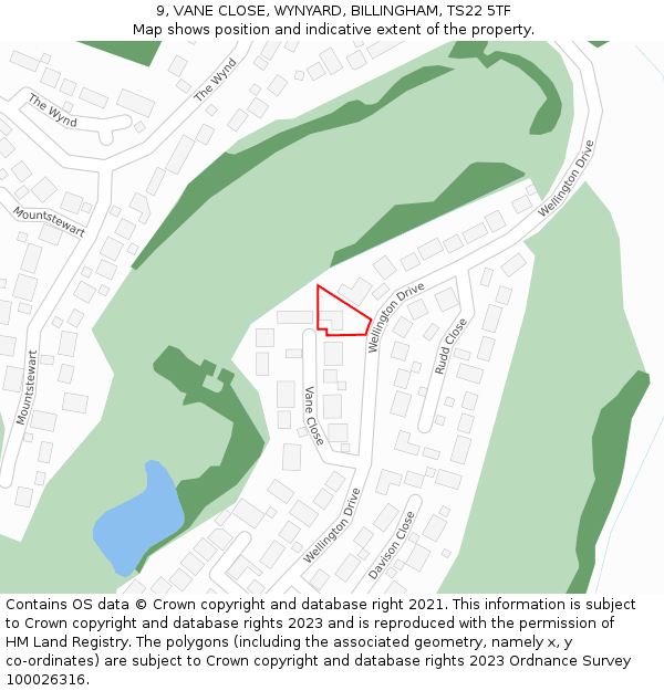 9, VANE CLOSE, WYNYARD, BILLINGHAM, TS22 5TF: Location map and indicative extent of plot