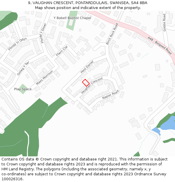9, VAUGHAN CRESCENT, PONTARDDULAIS, SWANSEA, SA4 8BA: Location map and indicative extent of plot