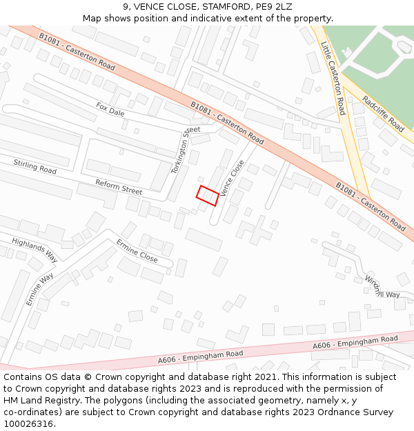 9, VENCE CLOSE, STAMFORD, PE9 2LZ: Location map and indicative extent of plot