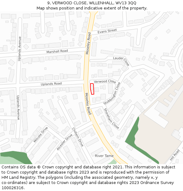 9, VERWOOD CLOSE, WILLENHALL, WV13 3QQ: Location map and indicative extent of plot