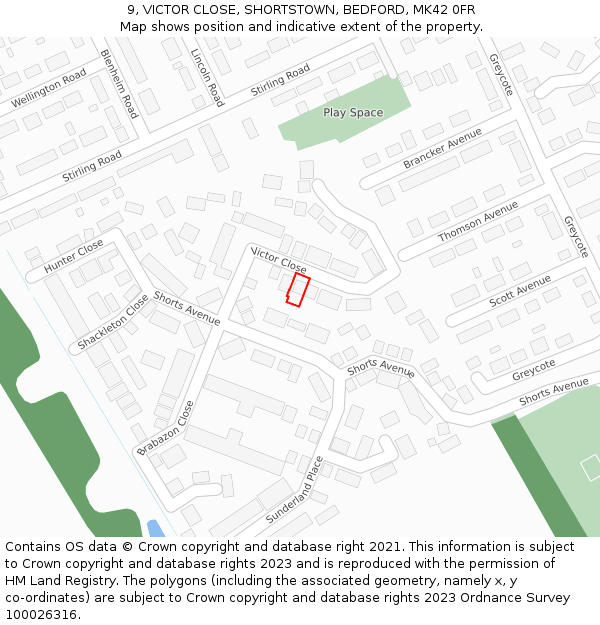 9, VICTOR CLOSE, SHORTSTOWN, BEDFORD, MK42 0FR: Location map and indicative extent of plot