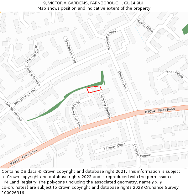 9, VICTORIA GARDENS, FARNBOROUGH, GU14 9UH: Location map and indicative extent of plot