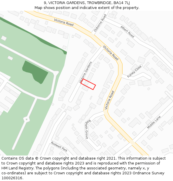 9, VICTORIA GARDENS, TROWBRIDGE, BA14 7LJ: Location map and indicative extent of plot