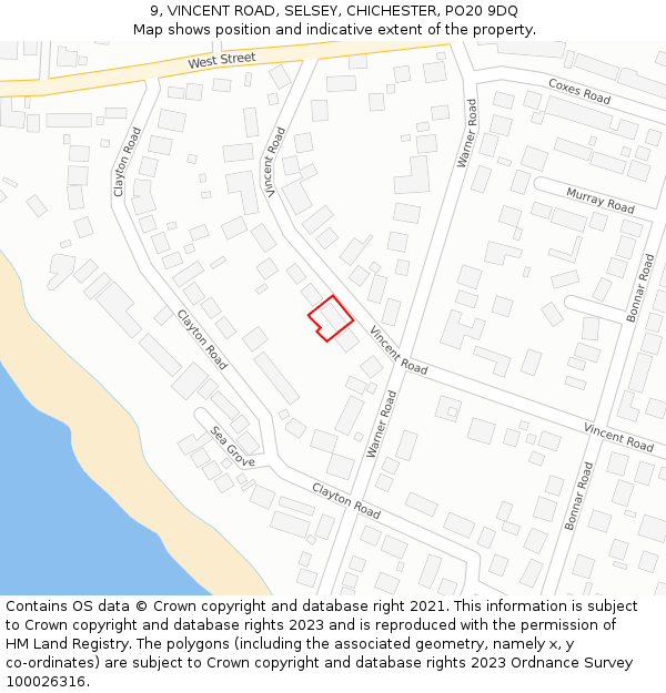 9, VINCENT ROAD, SELSEY, CHICHESTER, PO20 9DQ: Location map and indicative extent of plot