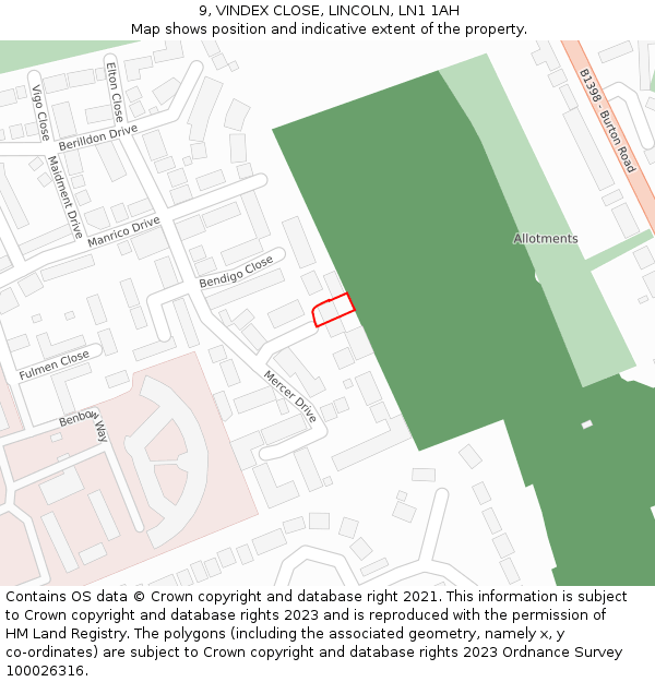 9, VINDEX CLOSE, LINCOLN, LN1 1AH: Location map and indicative extent of plot