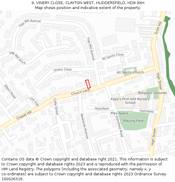 9, VINERY CLOSE, CLAYTON WEST, HUDDERSFIELD, HD8 9XH: Location map and indicative extent of plot