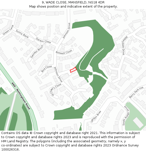9, WADE CLOSE, MANSFIELD, NG18 4DR: Location map and indicative extent of plot