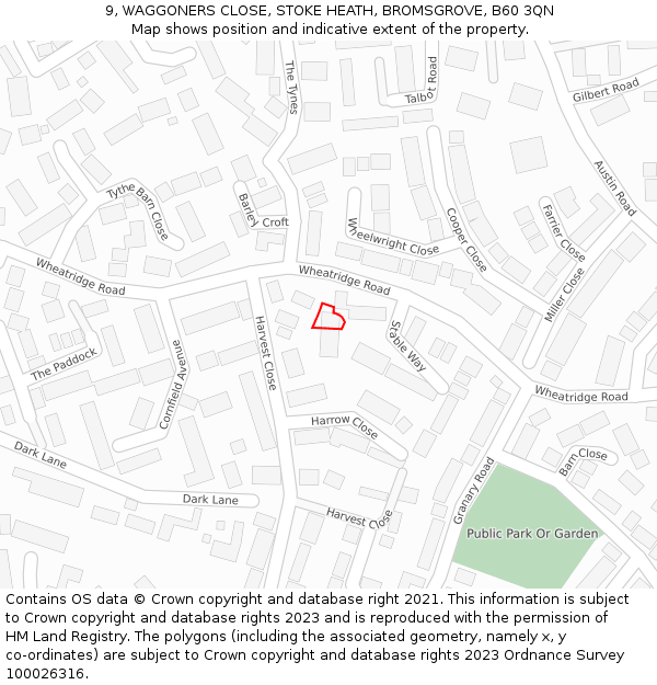 9, WAGGONERS CLOSE, STOKE HEATH, BROMSGROVE, B60 3QN: Location map and indicative extent of plot