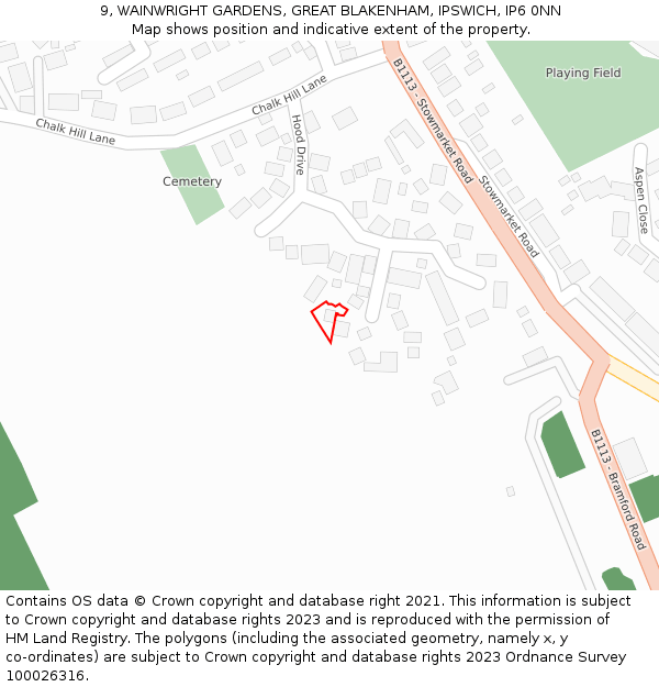 9, WAINWRIGHT GARDENS, GREAT BLAKENHAM, IPSWICH, IP6 0NN: Location map and indicative extent of plot