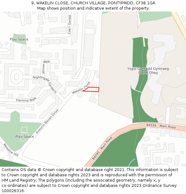 9, WAKELIN CLOSE, CHURCH VILLAGE, PONTYPRIDD, CF38 1GA: Location map and indicative extent of plot