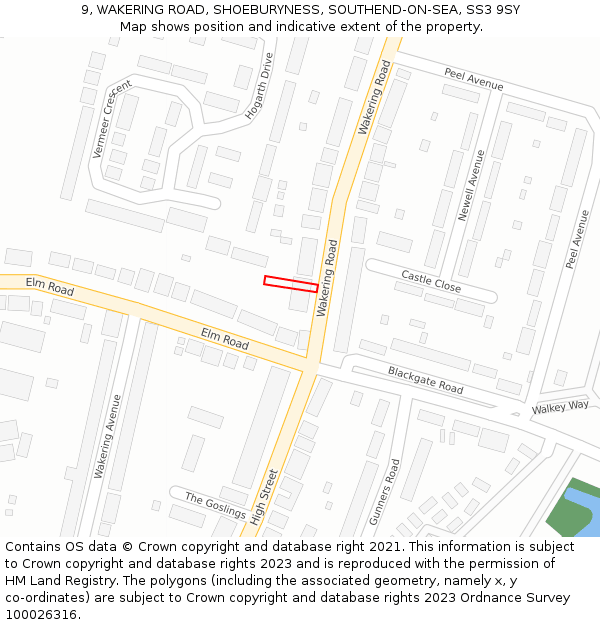 9, WAKERING ROAD, SHOEBURYNESS, SOUTHEND-ON-SEA, SS3 9SY: Location map and indicative extent of plot