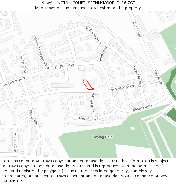 9, WALLINGTON COURT, SPENNYMOOR, DL16 7GF: Location map and indicative extent of plot