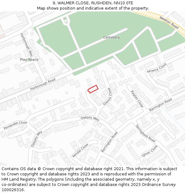 9, WALMER CLOSE, RUSHDEN, NN10 0TE: Location map and indicative extent of plot