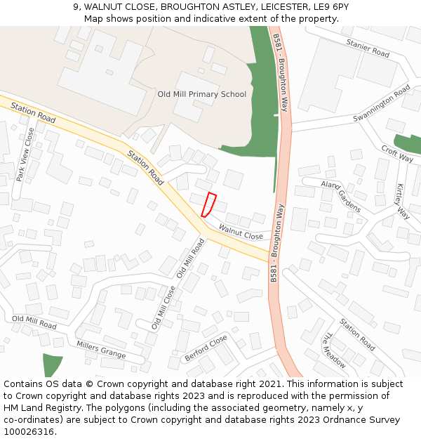 9, WALNUT CLOSE, BROUGHTON ASTLEY, LEICESTER, LE9 6PY: Location map and indicative extent of plot