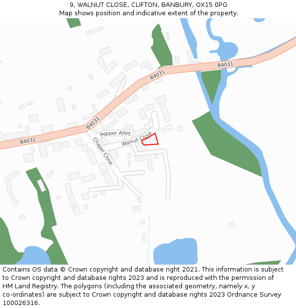 9, WALNUT CLOSE, CLIFTON, BANBURY, OX15 0PG: Location map and indicative extent of plot