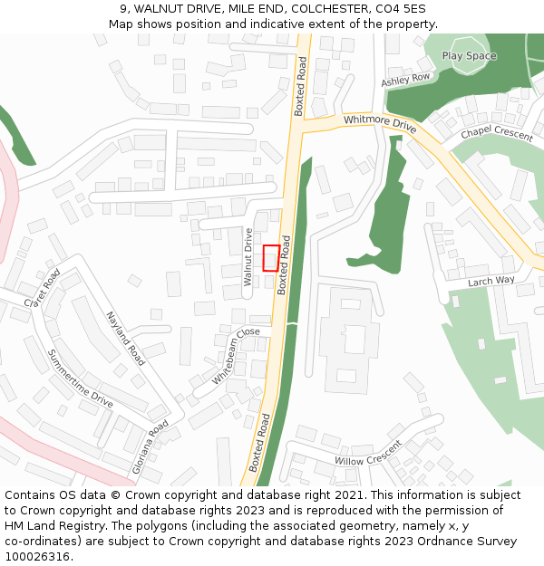 9, WALNUT DRIVE, MILE END, COLCHESTER, CO4 5ES: Location map and indicative extent of plot