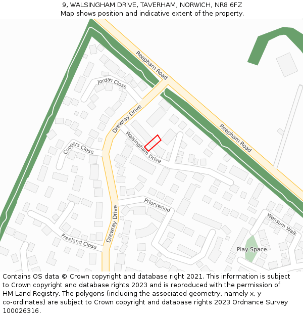 9, WALSINGHAM DRIVE, TAVERHAM, NORWICH, NR8 6FZ: Location map and indicative extent of plot