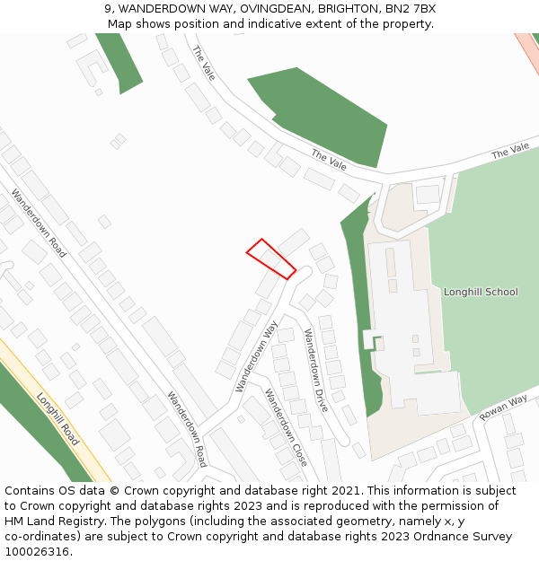 9, WANDERDOWN WAY, OVINGDEAN, BRIGHTON, BN2 7BX: Location map and indicative extent of plot