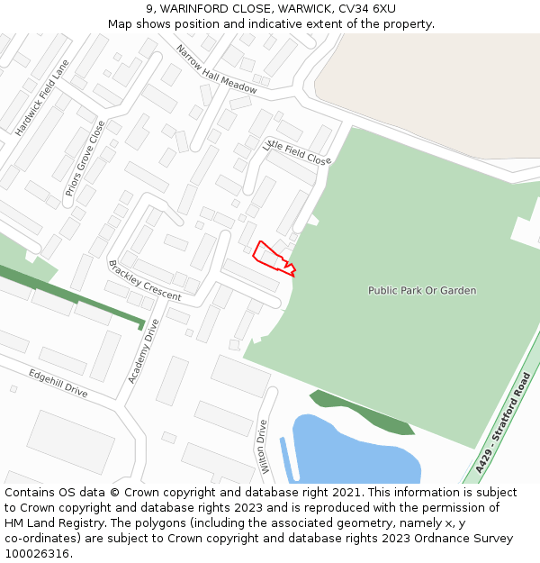 9, WARINFORD CLOSE, WARWICK, CV34 6XU: Location map and indicative extent of plot