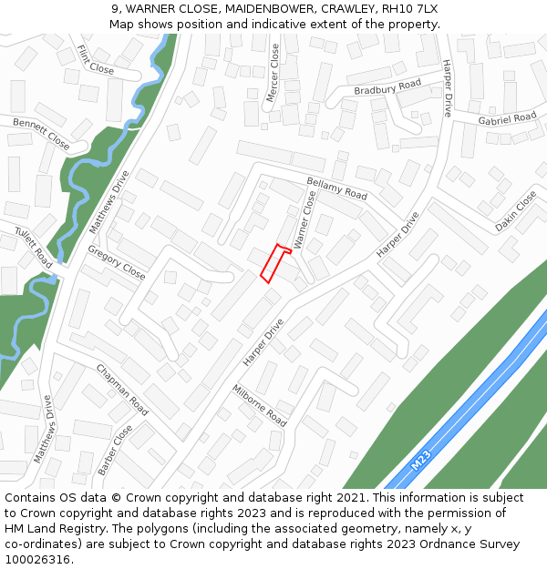 9, WARNER CLOSE, MAIDENBOWER, CRAWLEY, RH10 7LX: Location map and indicative extent of plot
