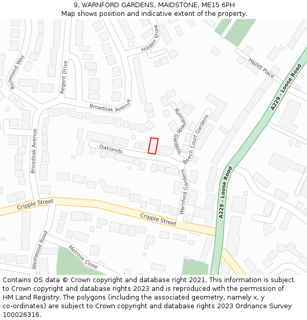 9, WARNFORD GARDENS, MAIDSTONE, ME15 6PH: Location map and indicative extent of plot