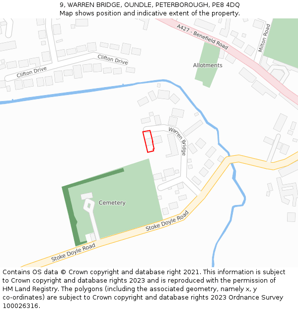 9, WARREN BRIDGE, OUNDLE, PETERBOROUGH, PE8 4DQ: Location map and indicative extent of plot